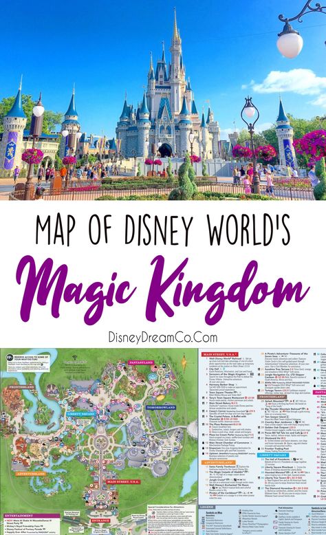 Magic Kingdom Map: Walt Disney World - Disney Dream Co Disney Dollars, Magic Kingdom Orlando, Disney Map, Magic Kingdom Map, Disney Hacks, Disney World Map, Kingdom Map, Magic Kingdom Rides, Disney World Secrets