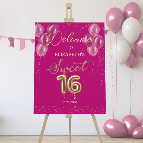 This charming Sweet 16 Balloons Welcome Sign brings fun to the front door. With its eye-catching gold foil and soft pink hues, this sign creates a stunning entrance to your celebration. Click here to see how you can make your party pop! Sweet 16 Welcome Sign Entrance, Sweet 16 Balloons, Sweet 16 Welcome Sign, Pink Welcome Sign, 16 Balloons, Party Entrance, Party Pops, Entrance Sign, Sweet 16 Parties