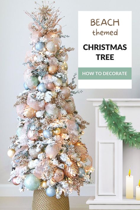 Beach Themed Christmas Tree Seaside Christmas Tree Ideas, Seafoam Green Christmas Tree, Beach Inspired Christmas Tree, Beach Inspired Christmas Trees, Coastal Theme Christmas Tree, Beach Theme Tree, Snow Tree Decoration, Costal Christmas Tree Ideas, Beach Christmas Tree Ideas