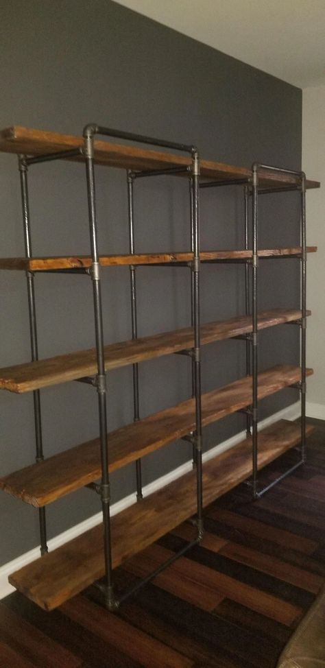 Industrial Pipe Book Shelves, Build Industrial Bookshelf, Industrial Shelves Diy, Diy Industrial Shelves Bookcases, Industrial Storage Shelves, Diy Industrial Bookcase, Industrial Bookshelf Diy, Industrial Book Shelf Ideas, Industrial Built In Shelves