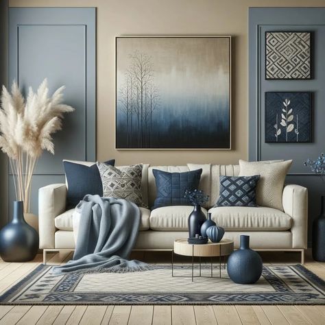 midnight blue and beige living room Navy Blue And Light Blue Living Room, Blue Gray Beige Living Room, Navy And Beige Living Room Decor, Blue Livingrooms Design Ideas, Blue Decor Aesthetic, Navy Blue Themed Living Room, Earthy Blue Living Room, Navy Beige Living Room, 2025 Living Room Decor Trends