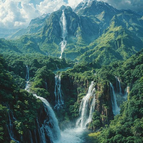 Discover the hidden marvel of South America—a breathtaking waterfall cascading through the lush tropical forest, a symphony of nature's untouched beauty. #HiddenWaterfalls #TropicalParadise #SouthAmericanJewels #NatureSymphony #ForestMarvels #GenerativeArt #DigitalArtists #AIArtwork #AI #AIhyperrealistic Tropical Rainforest Landscape, Fantasy Tropical Forest, Forest Civilization, Tropical Forest Aesthetic, Tropical Rainforest Aesthetic, Tropical Kingdom, Pleistocene Animals, Tropical Mountains, Tropical City