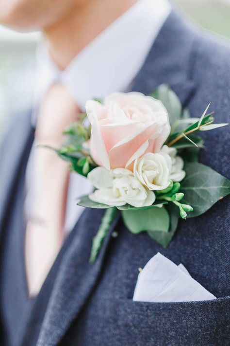 Groom in a grey suit with pink tie and pale pink rose buttonhole flower | Whtie Stag Wedding Photography Boutannaires Wedding, Blush Boutonniere, Spray Roses Boutonniere, Green Boutonniere, Dance Flowers, Rose Buttonhole, Pink Boutonniere, Prom Corsage And Boutonniere, Groom Buttonholes