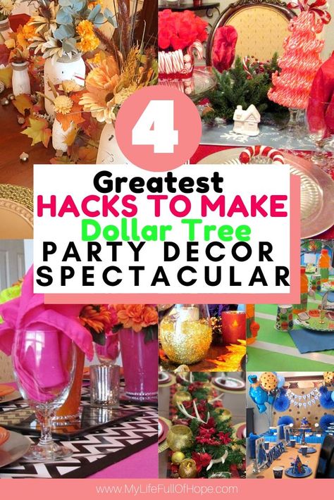 Sharing 4 of my effortless ways to make your dollar store decorations for parties, birthdays, events, or holiday decor look spectacular on a budget. With these tips, you will be able to decorate a show stopping table, room, hall or any space with a high end look for all of your entertaining needs. Tips and hacks your Dollar Tree party finds will be used in a variety of ways, saving you money time and time again. #budget #partydecorideas #dollarstore #dollartree #hacks #entertaining #party Dollar Tree Buffet Table, Decorate A Table For A Party, Dollar Store Party Hacks, Dollar Tree Party Centerpieces, Dollar Tree Party Decor, Dollar Tree Table Centerpiece, Dollar Tree Party Decorations, Dollar Tree Table Decor, Diy Birthday Table Decorations