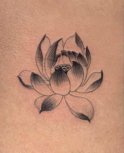 fine line tattoo of a lotus flower Korean Lotus Tattoo, Nana Ren Flower Tattoo, Cute Tattoos Flower, Nana Lotus Tattoo, Nana Tattoo, Character Customization, Tulip Tattoo, Nana Anime, Traditional Style Tattoo