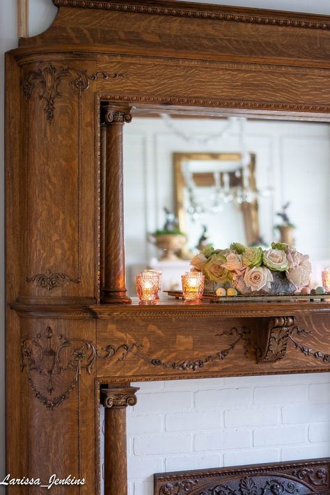 Fireplace Makeover Antique Victorian Fireplace Mantels, Unique Fireplace Surround, Fireplace Antique Mantle, Mantel On Wall No Fireplace, Brick Fireplace With Antique Mantel, Victorian Fireplace Makeover, 19th Century Fireplace, Antique Wood Mantle Fireplace, 1900 Kitchen Design