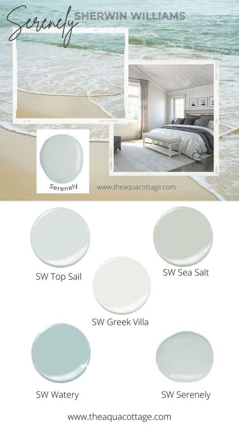 Serenity Paint Color Sherwin Williams, Paint Colors For Beach House Interior, Beach House Bathroom Paint Colors, Beach Wall Colors Paint Colours, Coastal Paint Colors 2023, Florida Home Interior Paint Colors, Beach Theme Bedroom Paint Colors, Serenely Sherwin Williams Bedroom, Coastal Bedroom Ideas Master Suite Color Palettes