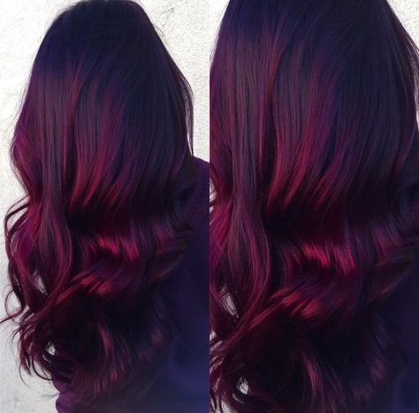 Red Velvet balayage-- dark roots with vibrant burgundy ends. Done by Renée Spinale at The Dollhouse. Pelo Color Borgoña, Dark Red Hair, Ombre Blonde, Hair Red, Burgundy Hair, Red Ombre, Trendy Hair Color, Hair Color And Cut, Red Hair Color