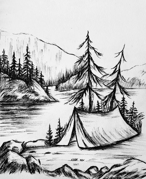 Easy Sketches Landscapes, Sketching Nature Landscapes, Draw Landscape Pencil, Sketches Nature Landscapes, Outdoor Scene Drawing, Pencil Drawing Of Nature, Simple Landscape Drawing Sketch, Natur Drawing Ideas, Nature Scenes Drawing