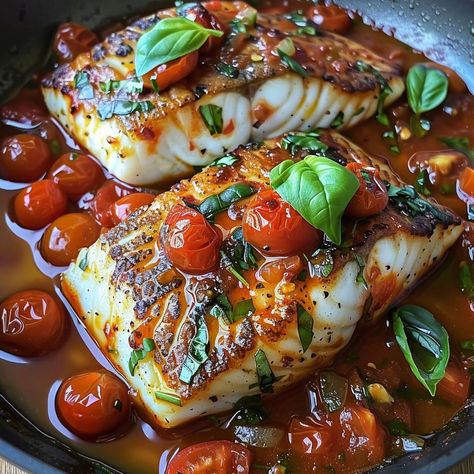 22 Mediterranean Cod, Cod Fish Recipes, Fish Dinner Recipes, Recipes Seafood, Tomato Basil Sauce, Easy Mediterranean Diet Recipes, Basil Sauce, Cod Recipes, Fish Recipes Healthy