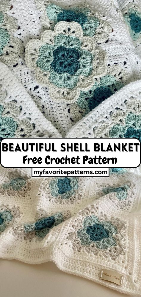 Beautiful Ocean Shells Squared Blanket Ideas Seashell Granny Square Crochet, Seashell Crochet Blanket, Crochet Shell Granny Square Blanket, Shell Square Crochet Pattern, Crochet Wave Granny Square, Granny Square Shell Pattern, Ocean Shell Crochet Blanket, Crochet Shell Square, Shell Crochet Blanket Pattern Free