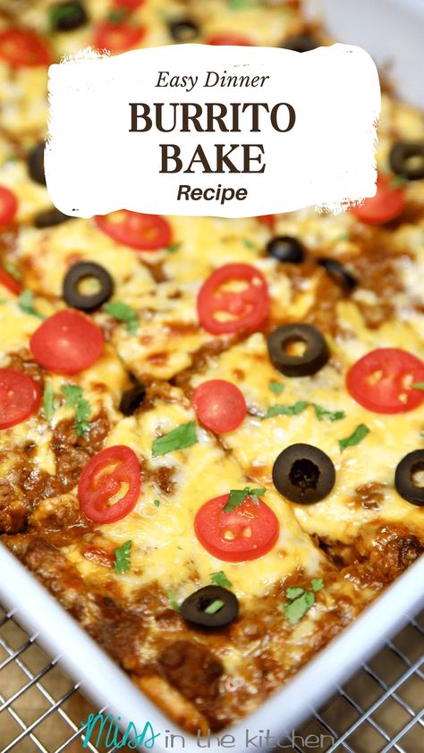 If you are looking for a quick and easy casserole for a weeknight dinner, give this tasty beef and bean Burrito Bake a try. Burrito Bake Recipe, Burrito Bake, Baked Burritos, Hamburger Casseroles, Beef Burrito Recipe, Burrito Recipes, Burrito Casserole, Bean Burrito, Ground Beef Casserole Recipes