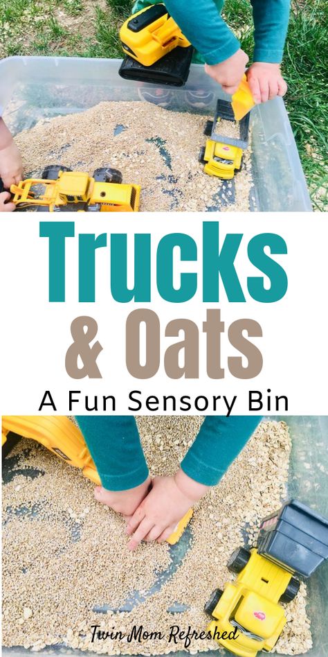 A fun and easy transportation themed sensory bin.  All you need is some oats and trucks for this easy to set up sensory play activity.  #sensorybins #tastesafesensoryplay #sensoryplay #sensorytubs #transportationtheme #babysensoryplay #sensorybin easytoddleractivities Easy Sensory Bin, Sensory Bin For Toddlers, Toddler Sensory Bins, Sensory Tubs, Transportation Activities, Sensory Tub, Easy Toddler Activities, Easy Oatmeal, Sensory Activities Toddlers