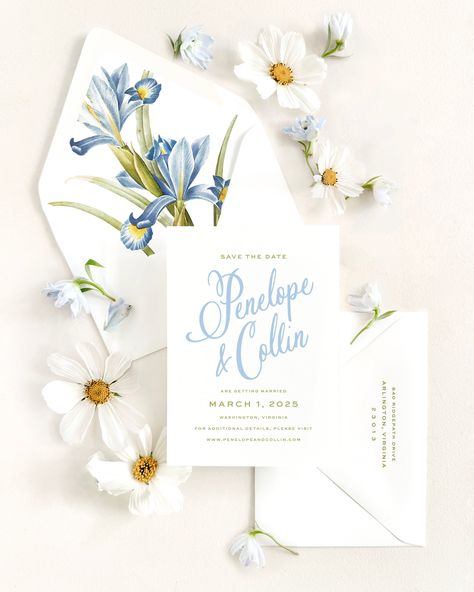 Introducing Penelope, a suite full of life through color, typography, and botanical illustration. Featuring a bright color palette of azure blue and chartreuse, an on-trend wavy edge invitation, and playful script lettering balanced by a sleek secondary typeface. Complete with color envelopes, a tri fold weekend details insert, and finished with a prosecco wax seal. Horizontal Save The Date, Save The Date Ideas Colorful, Coastal Save The Date, Save The Dates With Pictures, Garden Save The Date, Blue And Chartreuse, Iris Botanical, Invitation Business, Color Typography