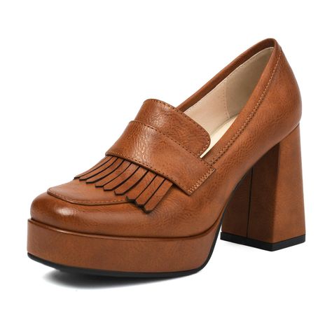 PRICES MAY VARY. Outer Material: PU; Inner Material: Synthetic; Closing Method: Pull On Heel height: 3.74"/9.5CM; Platforn height: 0.98"/2.5CM; Base material: non-slip rubber Design: The square toe and tassel design is the perfect combination of platform loafers. Womens loafer shoes are easy to take care of, and with a touch of elegance during your commute. Platform heels will become an essential addition to your wardrobe. Size Tips: Standard size, please place an order according to the normal s 70s Shoes Women, Silver Bridal Shoes, Chunky Heel Loafers, Ivory Heels Wedding, Womens Loafer, Navy Blue Wedding Shoes, High Heel Loafers, Kitten Heel Wedding Shoes, Navy Wedding Shoes