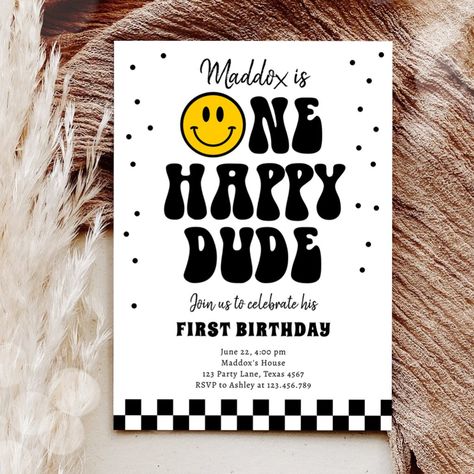 Birthday Smiley Face, Smiley Birthday, Smiley Party, Birthday Smiley, 1st Birthday Invitations Boy, One Happy Dude, Smiley Happy, Happy Smiley Face, Rainbow Invitations