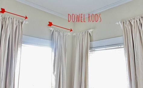 Curtain_Rods_and_Finials - How to create your own curtain rods for $5. Mini Curtain Rods, Short Curtain Rods For Side Panels, Kitchen Bay Window Ideas Hang Curtains, Side Curtain Rods Ideas, Curtain Hardware Ideas, Drapery Rods Ideas, Short Curtain Rods Ideas, Half Curtain Rod Ideas, Curtain Rods Ideas