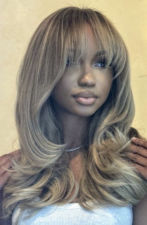 Black Women Hairstyles Blonde, Chocolate Brown Hair With Blonde Bangs, Winter Weave Hairstyles Black Women, Cute Low Maintenance Hairstyles, Long Blonde Bob Black Women, Balayage Hair Blonde With Bangs, Ash Brown Wig Black Women, 90 Layers Haircut, Dusty Blonde Hair On Black Women