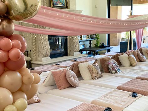 Canopy Sleepover  | CatchMyParty.com Canopy Sleepover Slumber Parties, Canopy Sleepover, Rose Gold Birthday Party Ideas, Gold Birthday Party Ideas, Rose Gold Birthday Party, Birthday Rose Gold, Party Canopy, Girls Slumber Party, Rose Gold Birthday