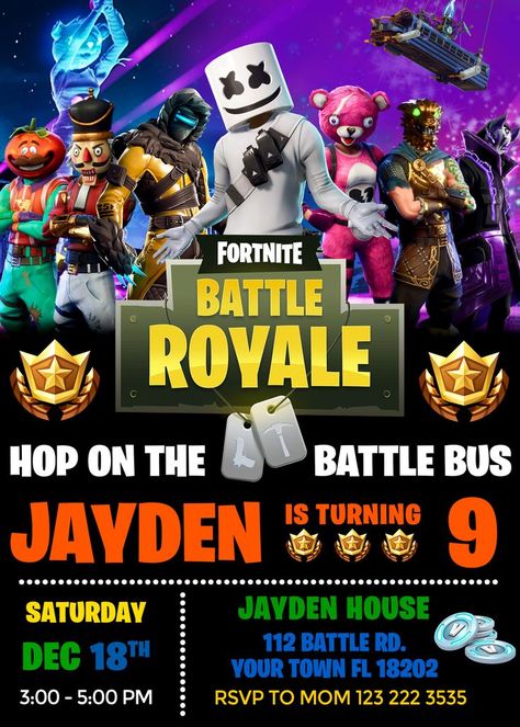 fortnite battle royale birthday Fortnite Birthday Invitation, Fortnite Birthday, 9th Birthday Parties, Fortnite Battle Royale, Boy Birthday Invitations, Birthday Box, 11th Birthday, Printable Birthday Invitations, Battle Royale