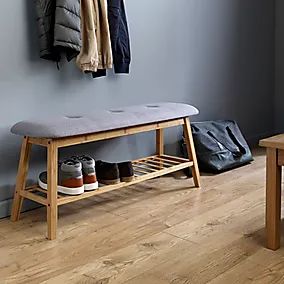 Hallway Shoe Storage Bench, Grey Storage Bench, Bamboo Bench, Hallway Shoe Storage, Storing Shoes, Grey Benches, Bamboo Storage, Bamboo Shoe Rack, Shoe Storage Bench