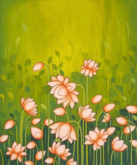 Indian Flower Painting, Lotus Pattern Design, Lotus Flower Painting Acrylics, Pichwai Background, Lotus Wall Painting, Pichwai Paintings Lotus, Pichwai Designs, Royal Interior, Hindu Puja