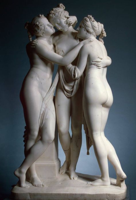 Antonio Canova’s statue "The Three Graces" is a Neoclassical sculpture, in marble, of the mythological three charites, daughters of Zeus – identified on some engravings of the statue as, from left to right, Euphrosyne ("Mirth"), Aglaea ("Splendor") and Thalia ("Good Cheer") - who were said to represent beauty, charm and joy. The Graces presided over banquets and gatherings primarily to entertain and delight the guests of the gods. Istoria Artei, Antonio Canova, Frida Art, The Three Graces, Daughter Of Zeus, Classic Sculpture, Ancient Greek Gods, Hermitage Museum, Art Details