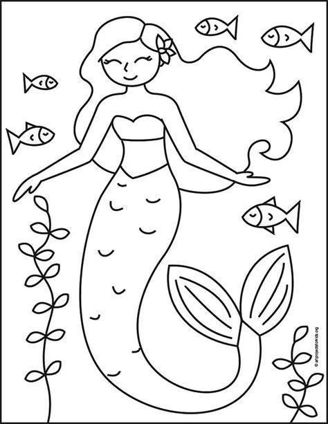 Easy How to Draw a Mermaid Tutorial and Mermaid Coloring Page Drawing Of Mermaid Easy, Mermaid Drawing Simple, How To Draw Mermaids, Mermaid Easy Drawing, How To Draw A Mermaid, Mermaid Line Drawing, Simple Mermaid Drawing, Drawing A Mermaid, Mermaid Coloring Pages Free Printable