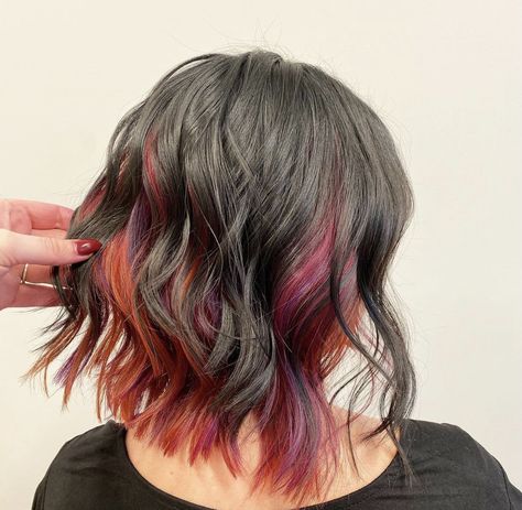 Peekaboo Hair Bob, Peek A Boo Color, Holiday Hair Color, Sunset Hair, Short Hair Highlights, Mom Hair, Color Streaks, Thick Hair Cuts, Peekaboo Hair