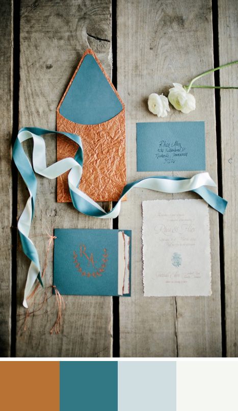 Copper color board Wedding Invitations Turquoise, Copper Colour Palette, Copper Wedding Colors, Copper Colour Scheme, Copper Wedding Invitations, Grey Wedding Invitations, Top Wedding Trends, Elegant Wedding Inspiration, Light Blue Wedding