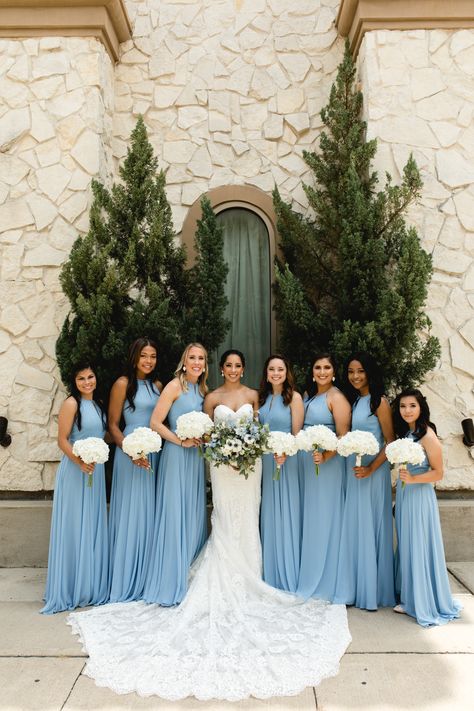 Dusty Blue Dresses Bridesmaid, Bride And Blue Bridesmaids, Crystal Blue Bridesmaid Dresses, Blue And White Wedding Venue Ideas, Bridemades Dresses Blue, Light Blue And Gold Bridesmaid Dresses, Bridesmaid Dresses In Blue, Navy Blue And Sky Blue Wedding, Brids Mades Dresses Blue