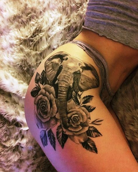 Elephant Tattoo Design For Women, Elephant Thigh Tattoo, Cute Elephant Tattoo, Elephant Tattoo Design, Hip Tattoos Women, Roses Tattoo, Thigh Tattoos, Elephant Tattoo, Thigh Tattoos Women