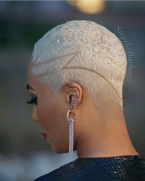 Black Woman Platinum Blonde Hair Short, Icy Blonde Short Hair Black Women, Platinum Fade Haircut Black Women, Blonde Hair Color Ideas For Short Hair Pixie Haircuts, Short Hair With Designs, Low Blonde Haircut Black Women, Low Cut Hair Black Women Designs, White Haircuts For Women, Fade Designs Women