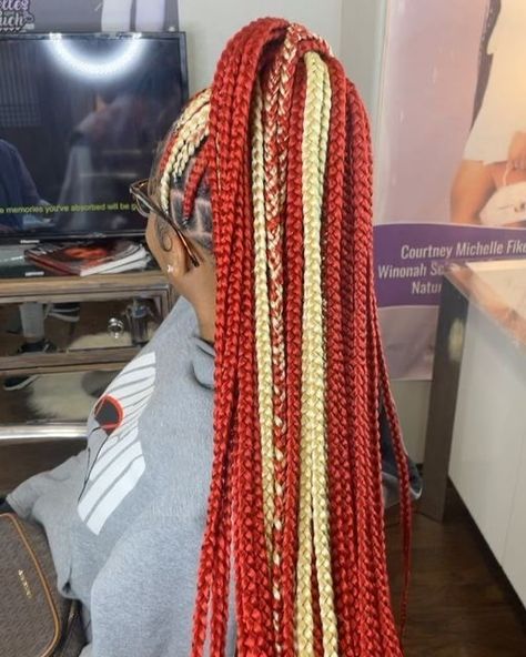 Red And Blonde Knotless Braids, Relax Hair, Colorful Braids, Red Box Braids, Goals 2023, Peekaboo Hair Colors, Red Hair With Blonde Highlights, Braiding Hairstyles, Night Hair