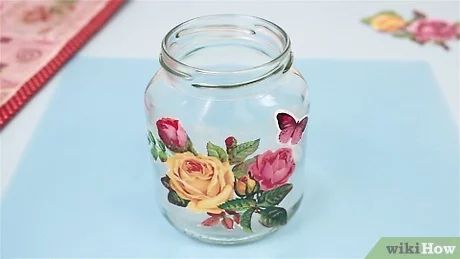 How to Decoupage Jars: 14 Steps (with Pictures) - wikiHow How To Decoupage With Napkins Mason Jars, Decoupage Jars Diy Paper Napkins, Decoupage Glass Jars Paper Napkins, Modge Podge On Glass, Modge Podge Glass, Diy Decoupage Furniture, Styrofoam Ball Crafts, Homemade Mod Podge, Decoupage Paper Printable