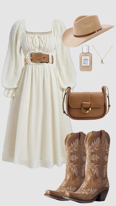 Southern Style Outfits Summer, Simple Country Wedding Dresses Rustic Chic, Cowgirl Outfits With Dress, Christmas Country Outfits, White Dress Country Outfit, Cute Western Dresses, Country Outfits Dresses, Modest Cowgirl Outfits, Western Formal Outfits For Women