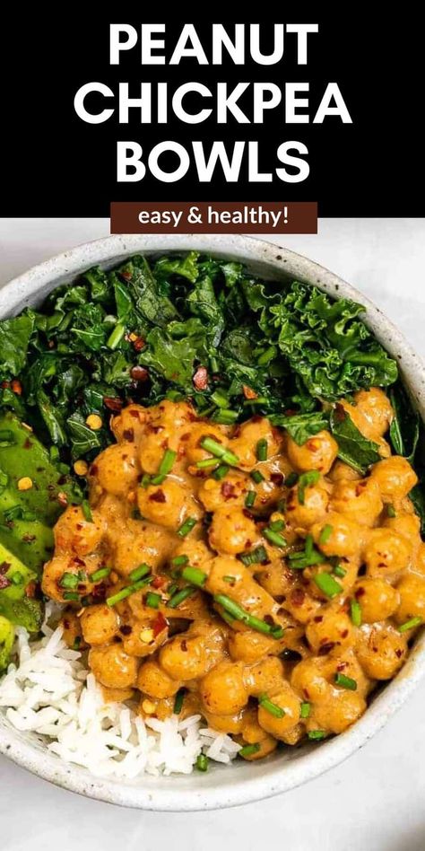 These peanut chickpea veggie bowls are easy to make, high in vegan and plant based protein and are the perfect 20 minutes dinner recipe. Perfect for a meal prep bowl! Peanut Chickpea Bowl, Chickpea Bowl Vegan, Easy Vegan Supper Ideas, Veggie Rich Meals, Easy Protein Vegetarian Meals, 30 Day Vegan Challenge Meal Plan, Chickpea Recipes Lunch, Healthy Bean Recipes High Protein, High Protein Chickpea Recipes