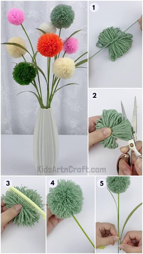 Colorful Thread Pom Pom Flowers Craft Making Tutorial For Kids Pompom Flowers Bouquet, Pom Pom Flowers Diy, Pom Pom Crafts For Adults, Easter Pom Pom Crafts, Pom Pom Ideas, Easter Recipes Dessert, Pom Pom Bouquet, Pom Pom Art, Pompom Flowers