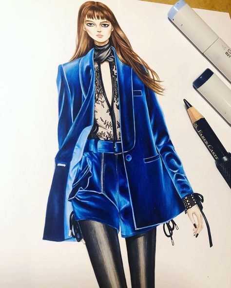 Blue Velvet Blazer, Fashion Model Drawing, Fashion Design Classes, Fashion Model Sketch, Textures Fashion, Fashion Illustration Sketches Dresses, Photographie Portrait Inspiration, Fashion Sketches Dresses, Sketches Dresses