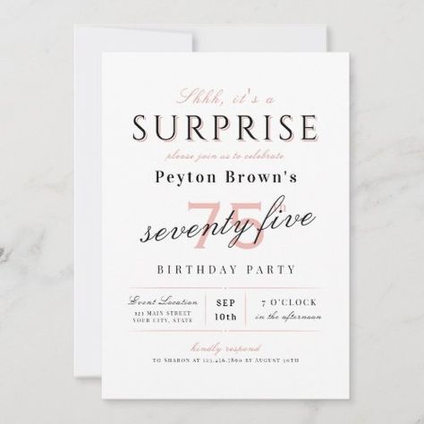 $2.98 | Blush elegant modern classy surprise 75th birthday #adult birthday invitations, personalized birthday party invitations, any age surprise party invitations, elegant stylish classic script, simple modern classy typography, art deco vintage calligraphy, retro minimalist chic clean, shhh its a surprise, 75th birthday party, sophisticated cute pretty blush pink Shhh Its A Surprise, 75th Birthday Invitations, Classy Typography, Surprise 30th Birthday, Vintage Calligraphy, Surprise 50th, 90th Birthday Invitations, Surprise Party Invitations, Surprise Birthday Invitations