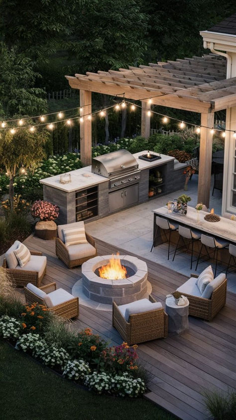 Patio With Bbq And Fire Pit, Bbq And Fire Pit Area, Backyard Hosting Space, Modern Family Backyard, Outdoor Kitchen And Lounge Area, Ultimate Outdoor Entertaining Area, Bbq Landscape Design, Backyard Hot Tub Landscaping Ideas, Back Yard Fire Pits