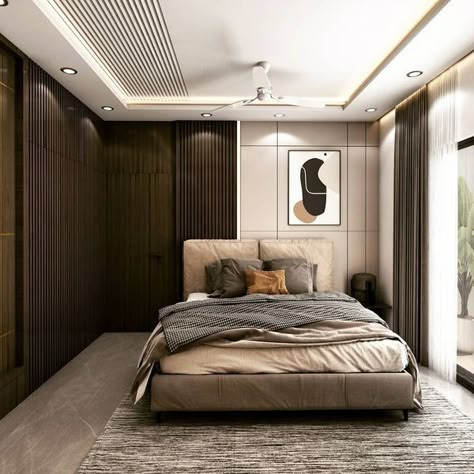 The Bedroom has a Combination of Grey, Beige & Brown Consists of a Single 🛏 Bed with Wooden Legs & Square Cushioned Backrest. The 👔 Wardrobe has Vertical Grooves & the same Groove Pattern is Continue in the Ceiling. Study 📚 Table on the Opposite Wall has Space for Working Desk, Book Shelves & Shelves for Décor Items is highlighted by Led Lights. And, POP False Ceiling with Recessed & Cove ✨ Lights complements the Space - GharPedia Pop Grooves On Wall, Pop Groove Ceiling Design Bedroom, Grooves In Ceiling, Wooden Ceiling Bedroom, Ceiling Groove Pattern, False Ceiling Groove Design, Groove Pattern On Wall, Bedroom False Ceiling Design Modern Simple, Bedroom Pop Ceiling Design