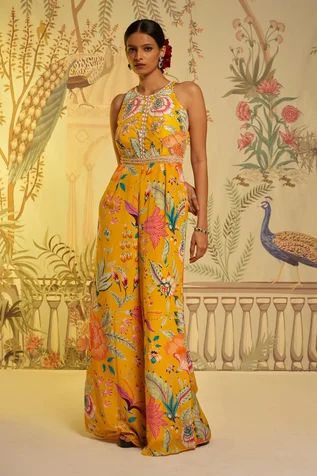 Shop for Aayushi Maniar Yellow Crepe Silk Floral Print Jumpsuit for Women Online at Aza Fashions Jumpsuits For Haldi, Yellow Jumpsuit For Haldi, Traditional Jumpsuits For Women, Floral Jumpsuit Outfit Wedding, Haldi Jumpsuit Outfit, Yellow Jumpsuit Outfit Wedding, Traditional Jumpsuit, Ethnic Jumpsuit, Shaadi Outfits