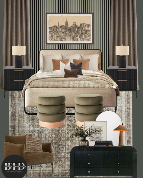 Master Bedrooms Ideas For Couples, Art Deco Interior Bedroom, Bedrooms Ideas For Couples, New York Bedroom, Bedroom Mood Board, Bedroom Moodboard, Moody Home Decor, Furniture Store Design, Men's Bedroom