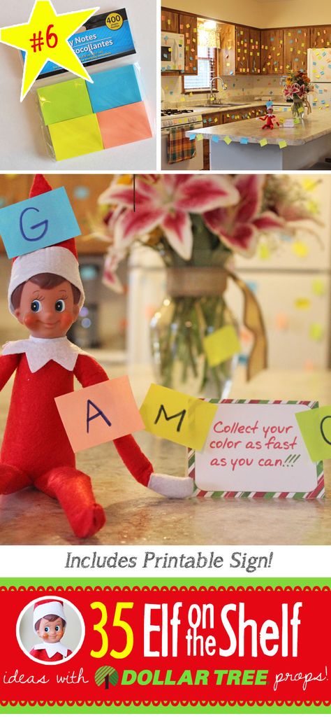 Sticky note game and 55+ NEW Elf on the Shelf ideas for this year!! These fun, creative & EASY ideas all include an item from the Dollar Tree! #Christmas #ElfOnTheShelf #Ideas #Easy #Funny #Toddler #DIY #DollarStore Tree Props, Funny Elf On The Shelf, Funny Christmas Tree, Elf Kit, Awesome Elf On The Shelf Ideas, Elf Activities, Elf Props, Elf Antics, Elf Fun