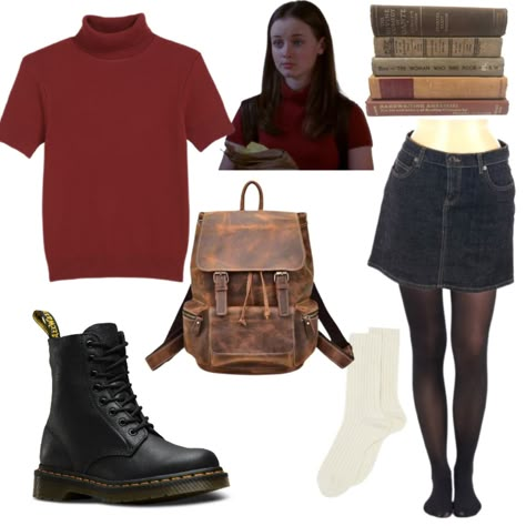 Rory Gilmore Black Skirt, Rory Gilmore Outfit Essentials, Aesthetic Rory Gilmore Outfits, Rory Gilmore Png Clothes, Rory Gilmore S1 Outfits, Rory Gilmore Red Turtleneck, Rory Gilmore Red Outfit, Rory Style Outfits, Rory Gilmore Sims 4