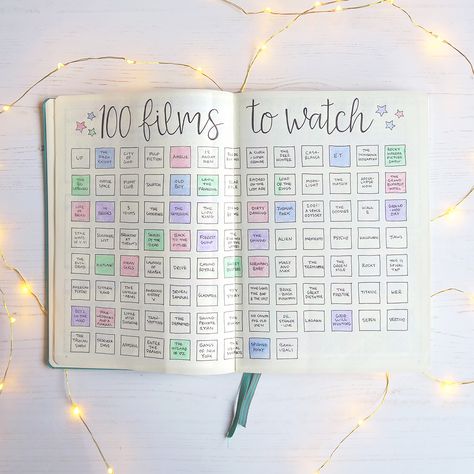 Journal Ideas Movies To Watch, Movie Diary Ideas, Movies To Watch Journal Page, Bullet Journal Movies To Watch, Film Journal Ideas, Movie Bullet Journal, Movie Journal Ideas, Bullet Journal Topics, Movies Journal