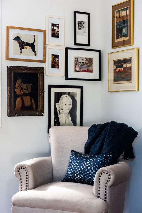 Corner Wall Gallery, Corner Photo Gallery Wall, Gallery Wall Corner, Ikea Gallery Wall, Picture Corner, Neutral Eclectic, Corner Wall Art, Laundry Combo, Corner Gallery Wall