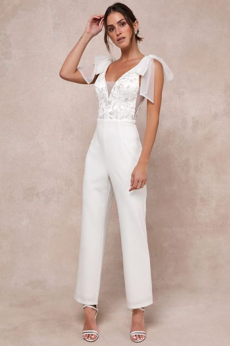 White Jumpsuit - Tie-Strap Jumpsuit - Embroidered Mesh Jumpsuit - Lulus Reception Jumpsuit, White Reception Dress, Wedding Romper, White Jumpsuit Wedding, Engagement Party Outfit, Rehearsal Dinner Outfits, Elegant Jumpsuit, Reception Outfit, Straps Jumpsuit