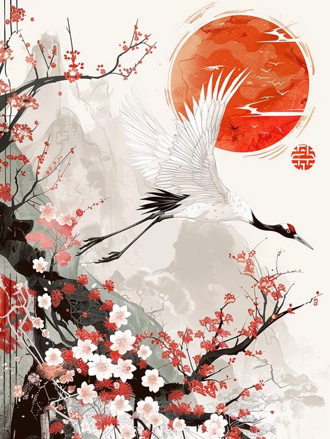 a white crane taking flight surrounded by cherry blossoms and the setting sun on a white background using Japanese-style patterns and motifs in the style of traditional Japanese art --ar 3:4 Japanese Sun Art, Japanese Art Cherry Blossom, Japanese Crane Art, Okinawa Tattoo, Japanese Wallpaper Iphone, White Crane, Japanese Art Styles, Japan Painting, The Setting Sun